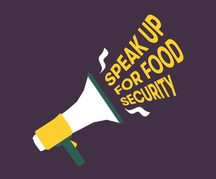 Megaphone that has 'speak up for food security' emerging from the speaker