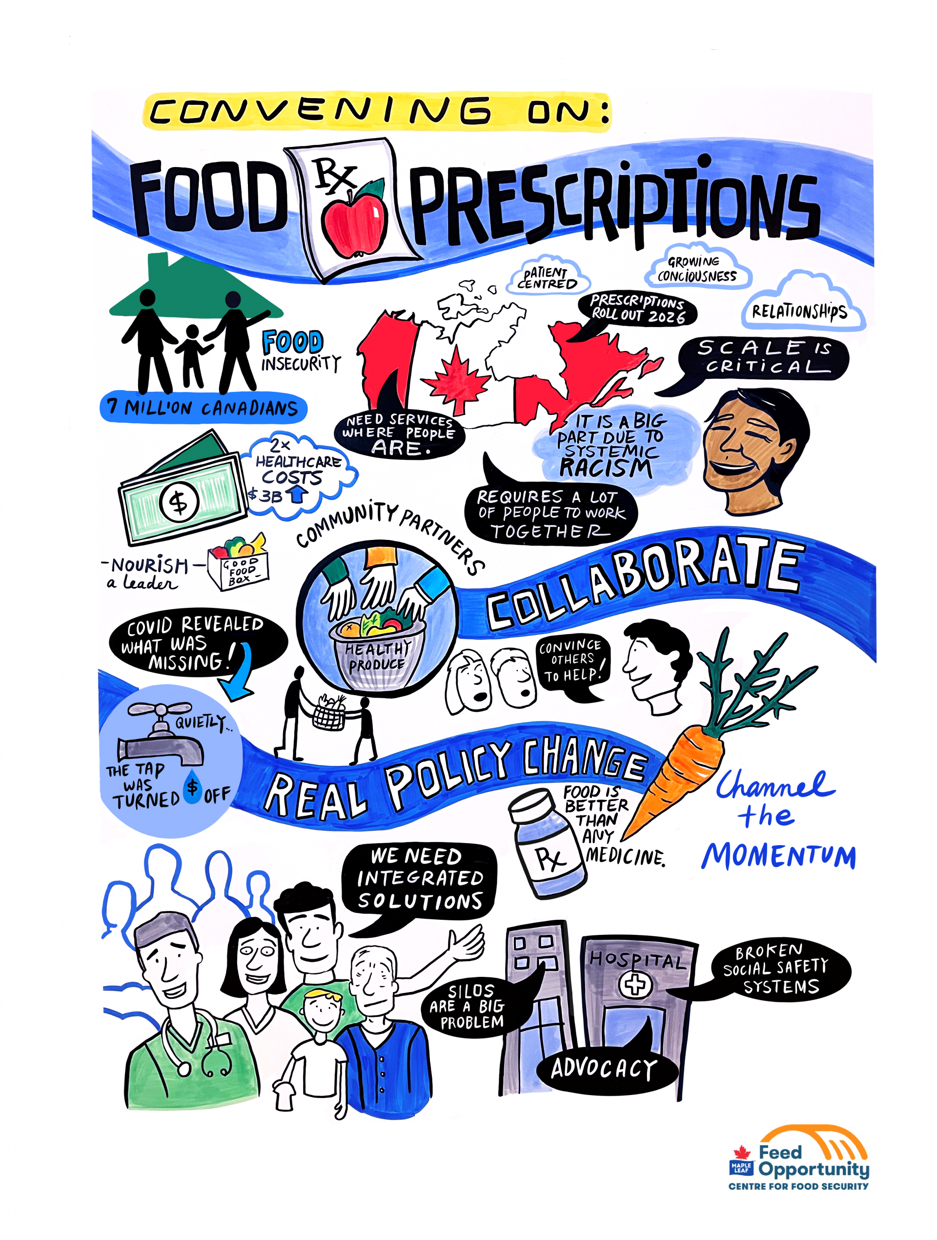 A board with graphic recording from a June 14th 2023 event on food prescriptions, hosted by the Maple Leaf Centre for Food Security. The board outlines. the initial presentation from Dr. Andrew Boozary and Jen Reynolds, covering the need for policy change, the urgency of food insecurity, the need for integrated solutions, and the importance of community partners in scaling food prescription programs.